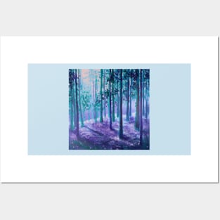 Impressionist nature dreamy landscape sunlight misty forest teal purple trees Posters and Art